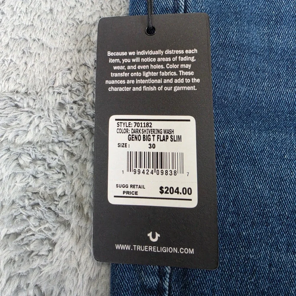True Religion Geno Relaxed Slim Jeans Mens 30 Blue Big T Flap Shivering Wash NWT